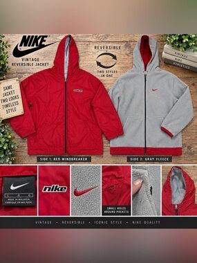 Vintage Nike Reversible Jacket Men’s L Red Gray Fleece Windbreaker Y2K Swoosh
